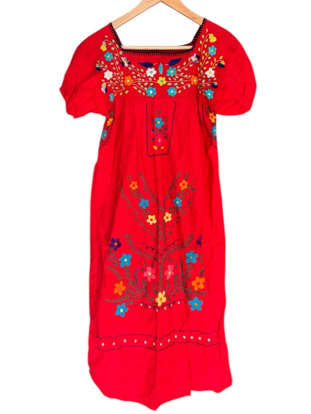 Red Embroidered Floral Mexican Peasant Artisan Maxi Dress Cotton
